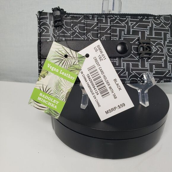 Badgley Mischka Black Credit Card Holder With Tab Vegan Leather Unisex - Picture 13 of 15